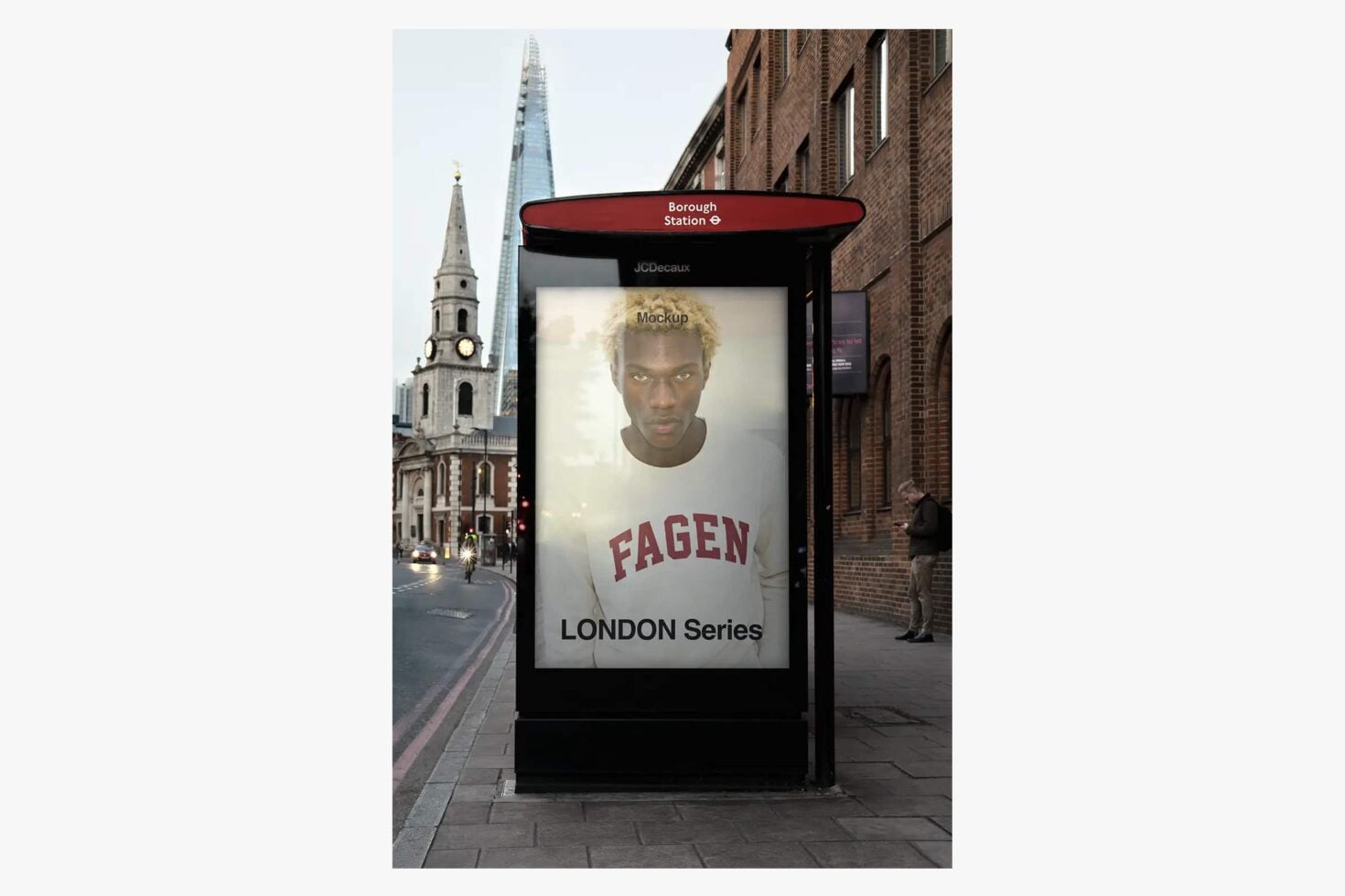 London bus shelter ad mockup with portrait on street featuring historic church tower