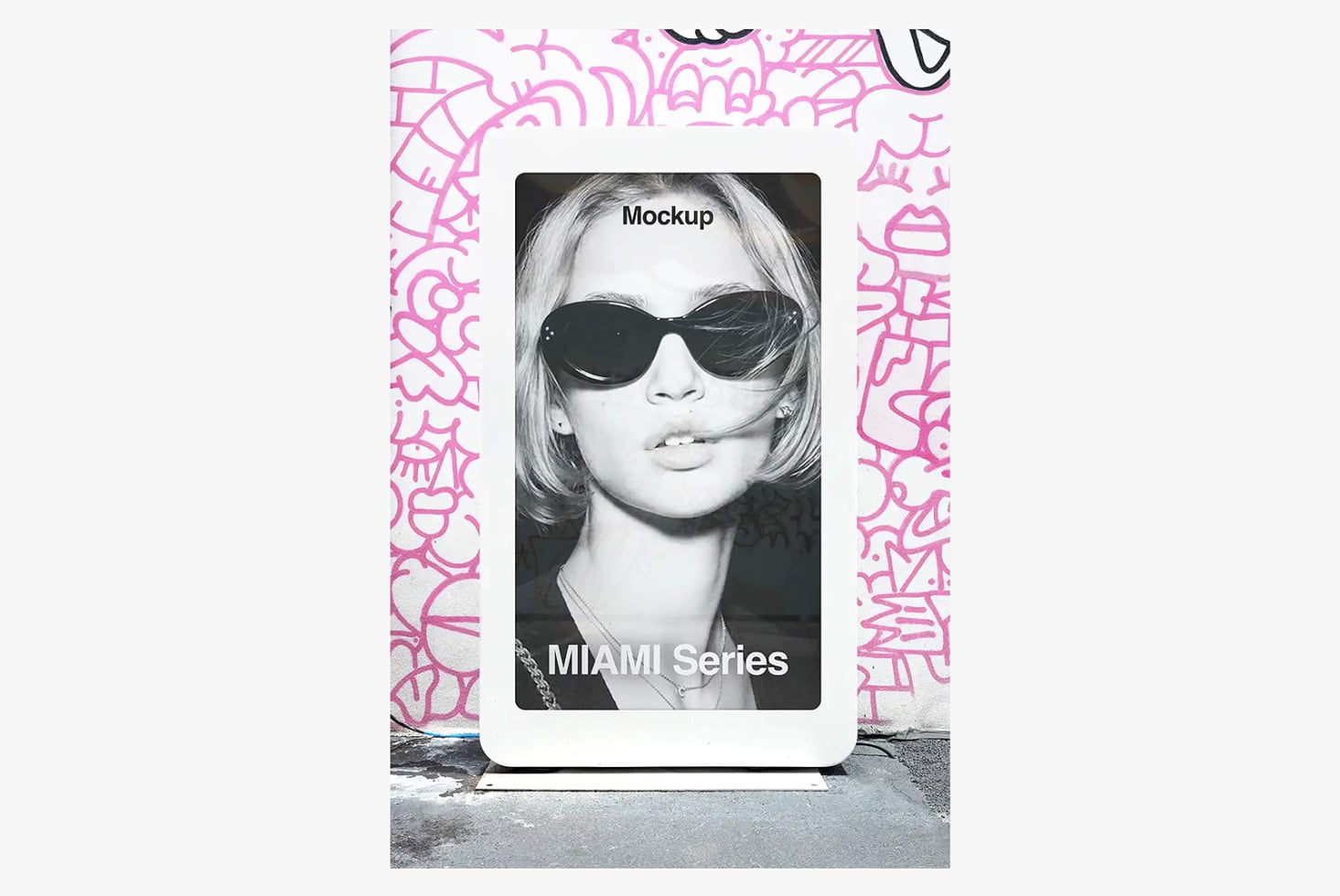 Mobile phone mockup with pink graffiti frame displaying black portrait image with sunglasses