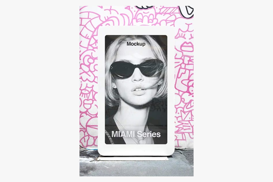 Mobile phone mockup with pink graffiti frame displaying black portrait image with sunglasses