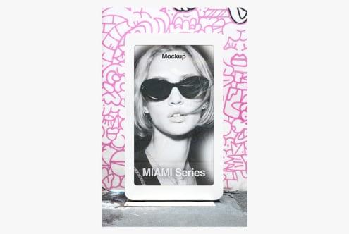 Phone mockup with black white portrait framed by pink graffiti style border design