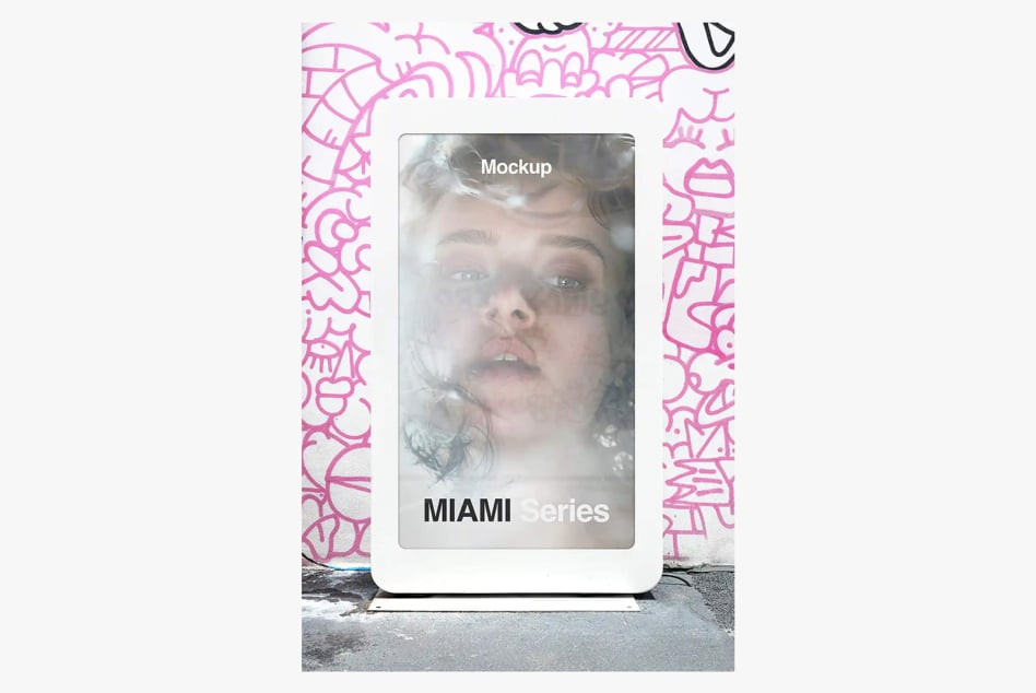 Street billboard mockup with hot pink graffiti frame showing portrait photo on display