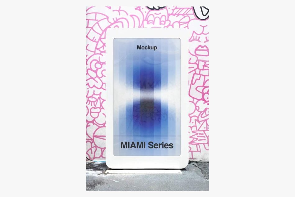 Phone screen mockup with blue gradient against vibrant pink graffiti wall backdrop