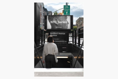Subway station staircase with digital billboard displaying NYC Series Mockup text