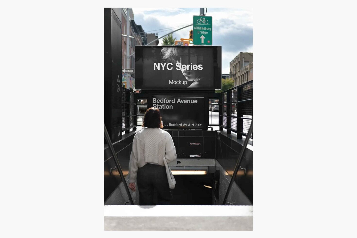 Subway platform screens showing NYC Series mockup with person viewing digital display