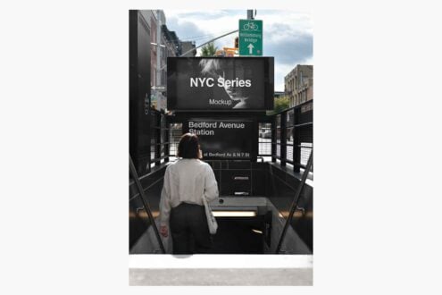 Subway platform screens showing NYC Series mockup with person viewing digital display