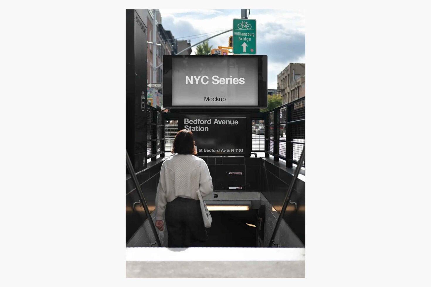 NYC subway car interior mockup with digital screen showing text overlay