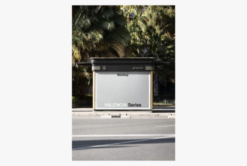 Street-level billboard mockup with tropical palms, showing editable display space for branding