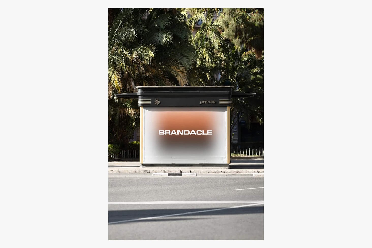 Outdoor billboard mockup with Brandacle text on street with palm trees