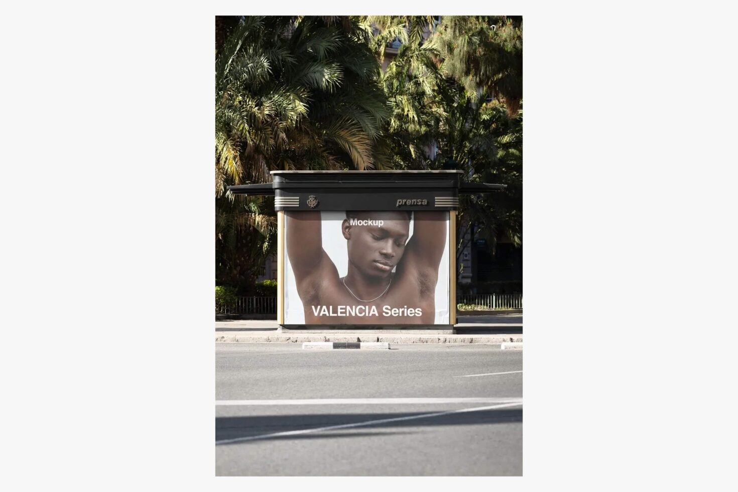 Street billboard mockup with fashion imagery, Valencia Series branding on black shelter with palm trees behind