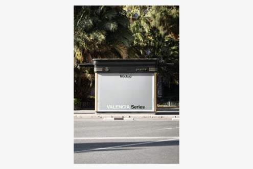 Bus shelter ad mockup with palm trees, Valencia Series branding on display