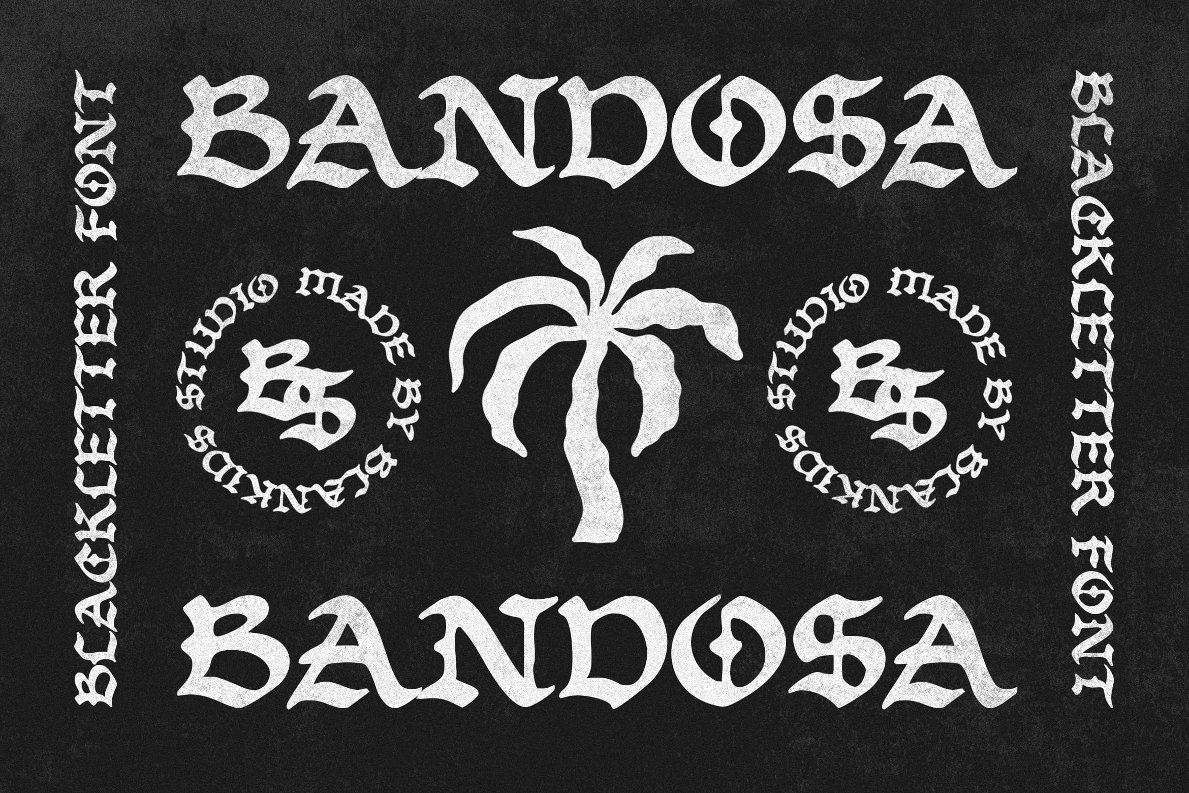 Bandosa blackletter font with palm tree graphic, studio made badge on dark texture