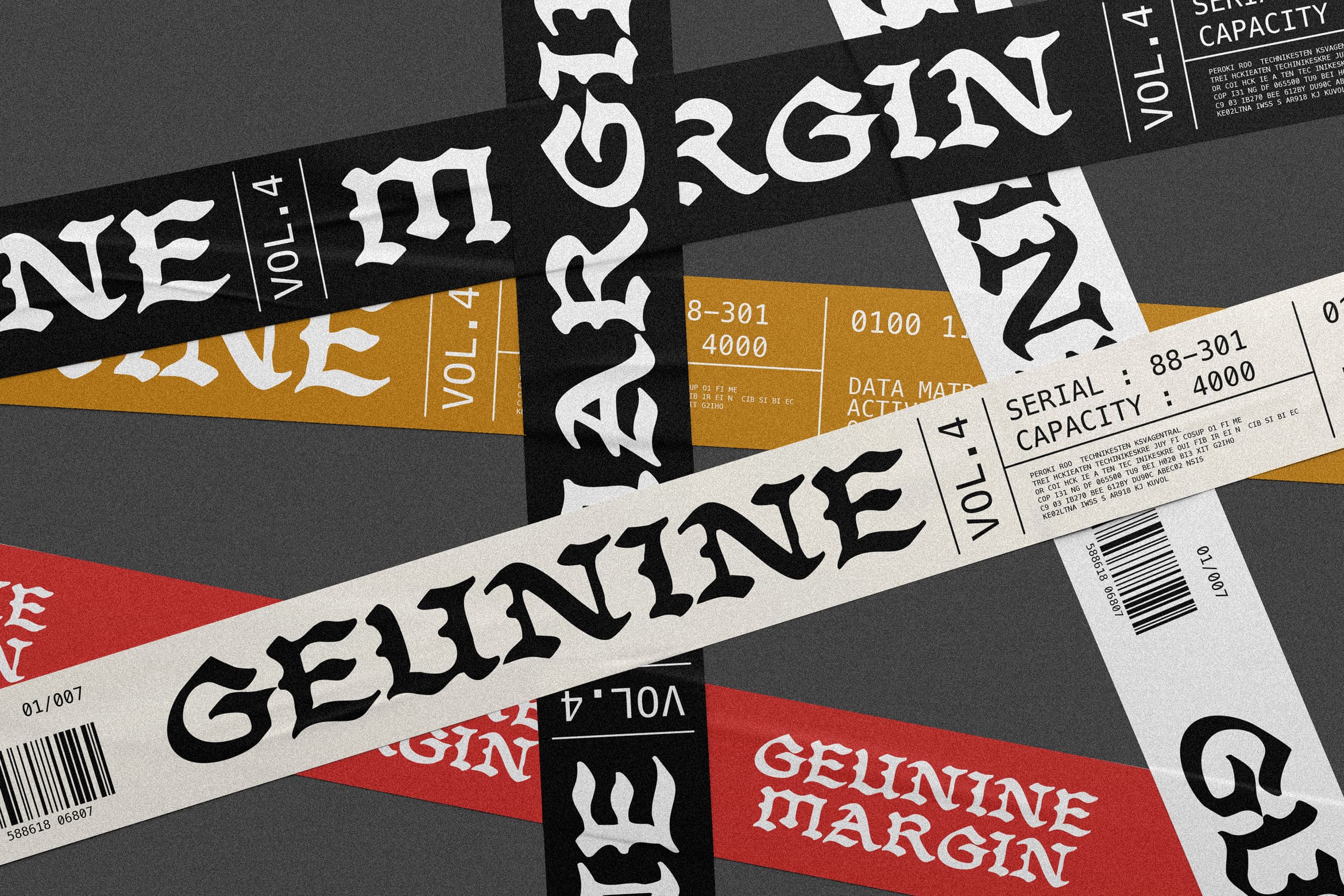 Overlapping magazine spreads with bold gothic lettering, gold accents, serial numbers, barcodes on dark background