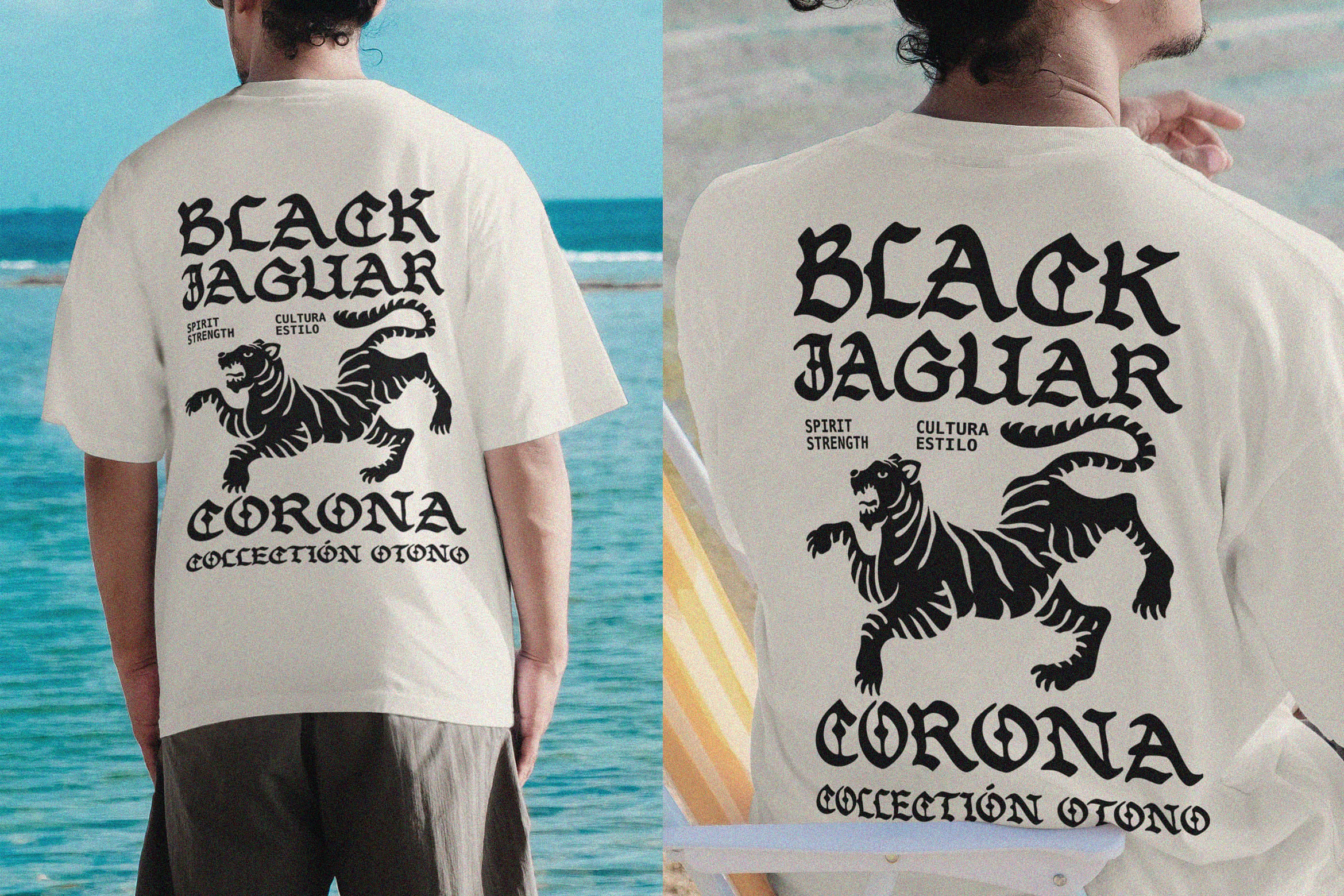 Cream tee mockup with jaguar graphic, front plus back views by ocean