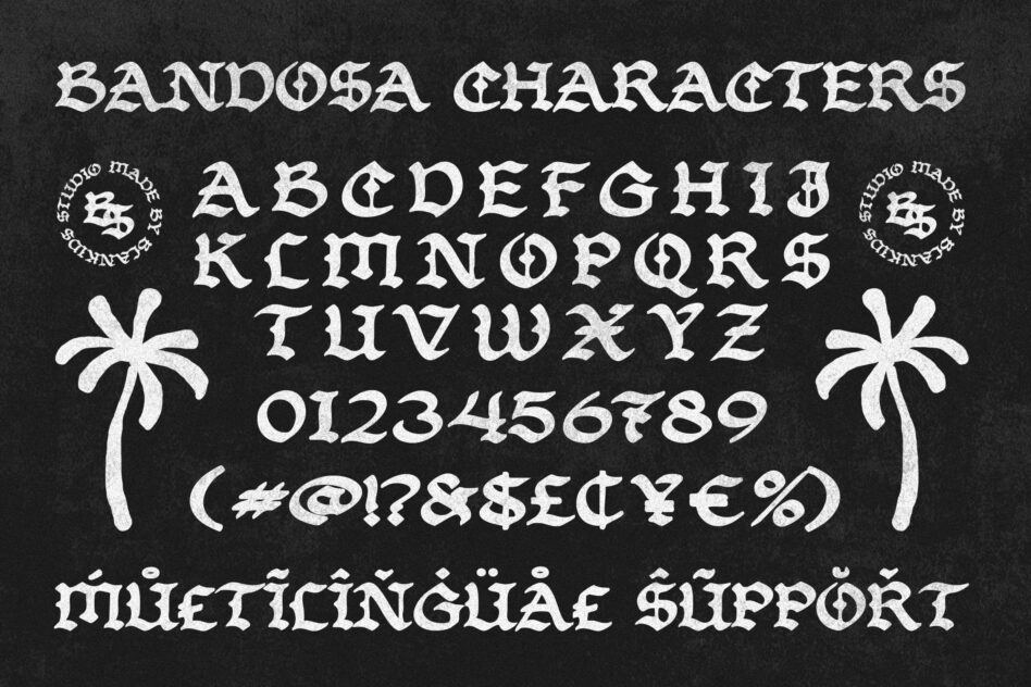 Bandosa font character set showing full alphabet, numbers, symbols with palm tree ornaments on dark background