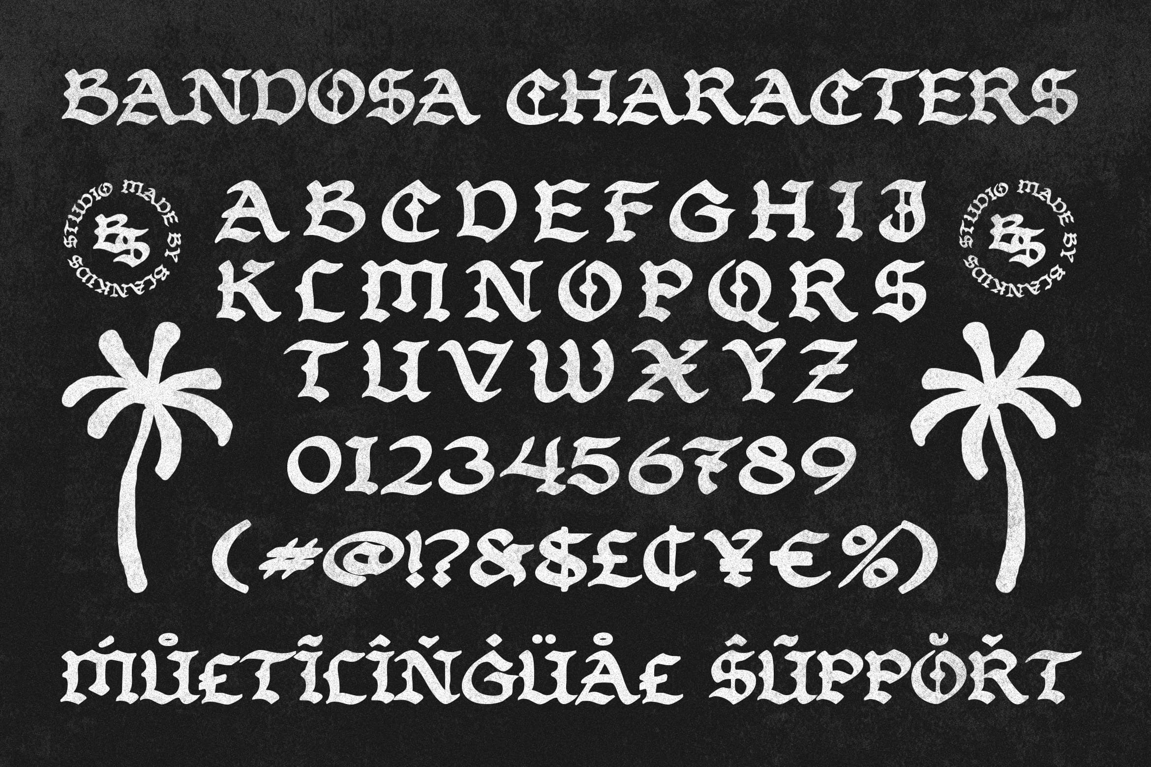 Bandosa font character set showing full alphabet, numbers, symbols with palm tree ornaments on dark background