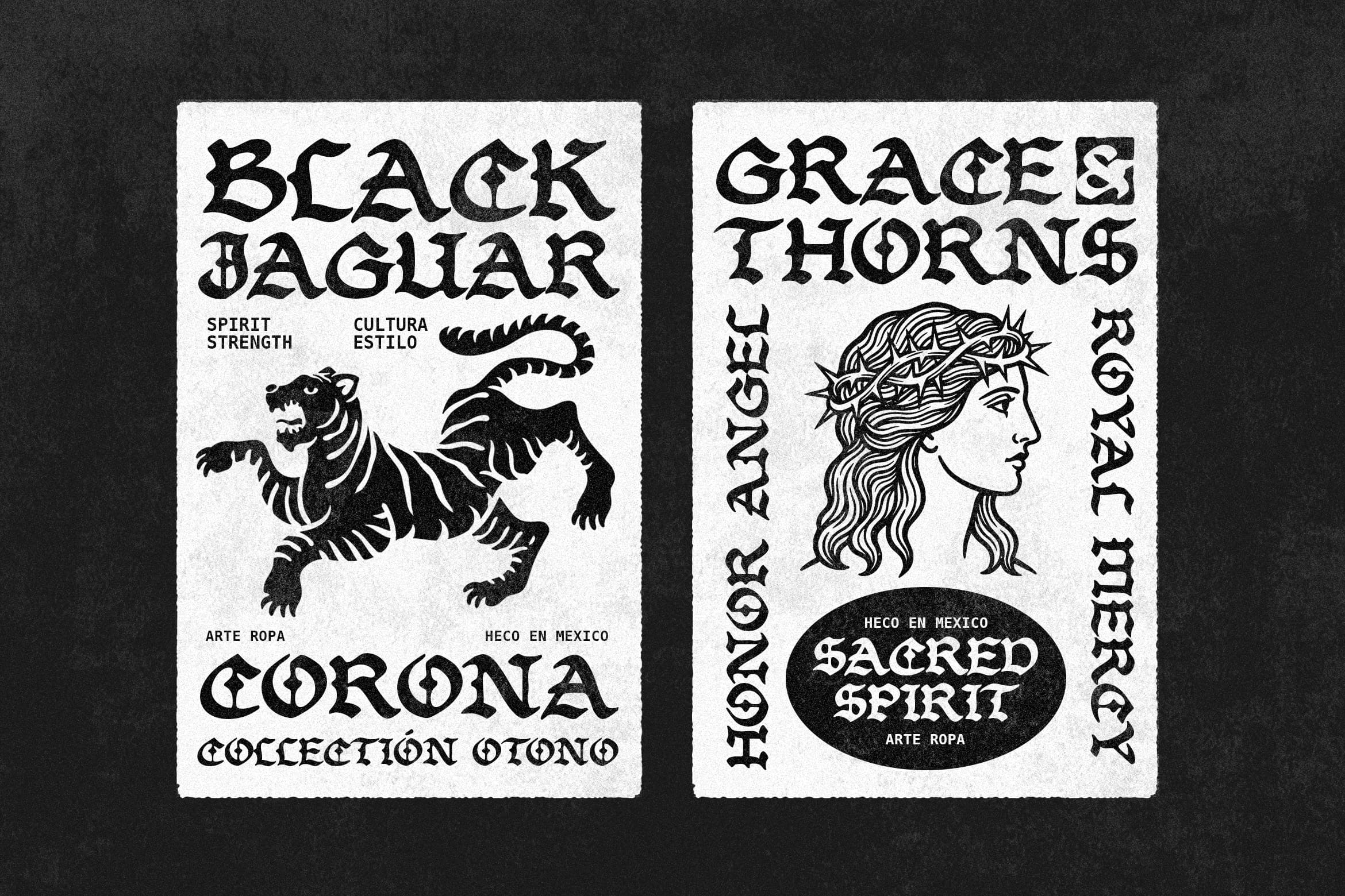 Two vintage-style label mockups with gothic lettering, jaguar, goddess head, ornamental borders