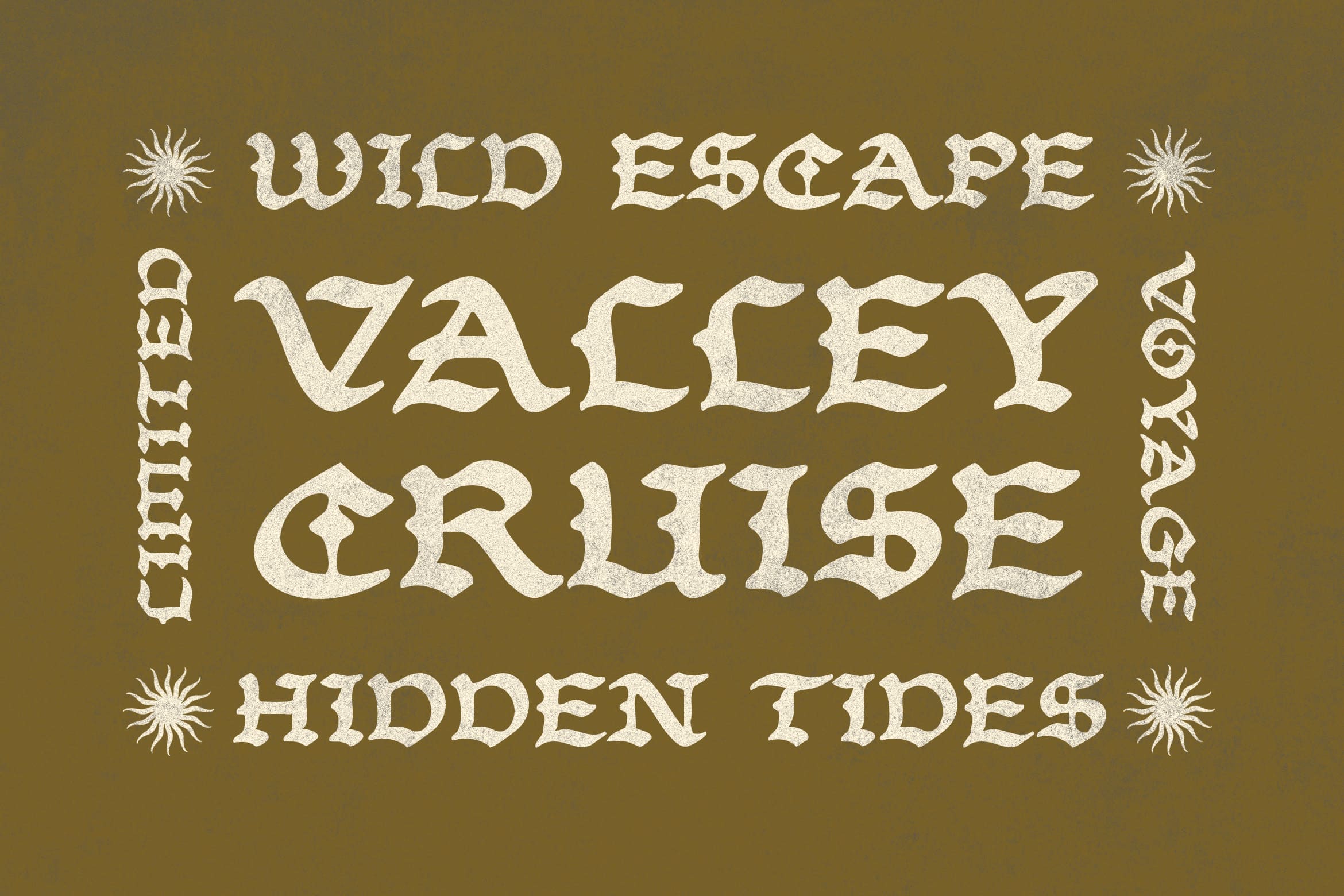 Vintage western font with wavy letters, sun ornaments, on olive background with decorative borders