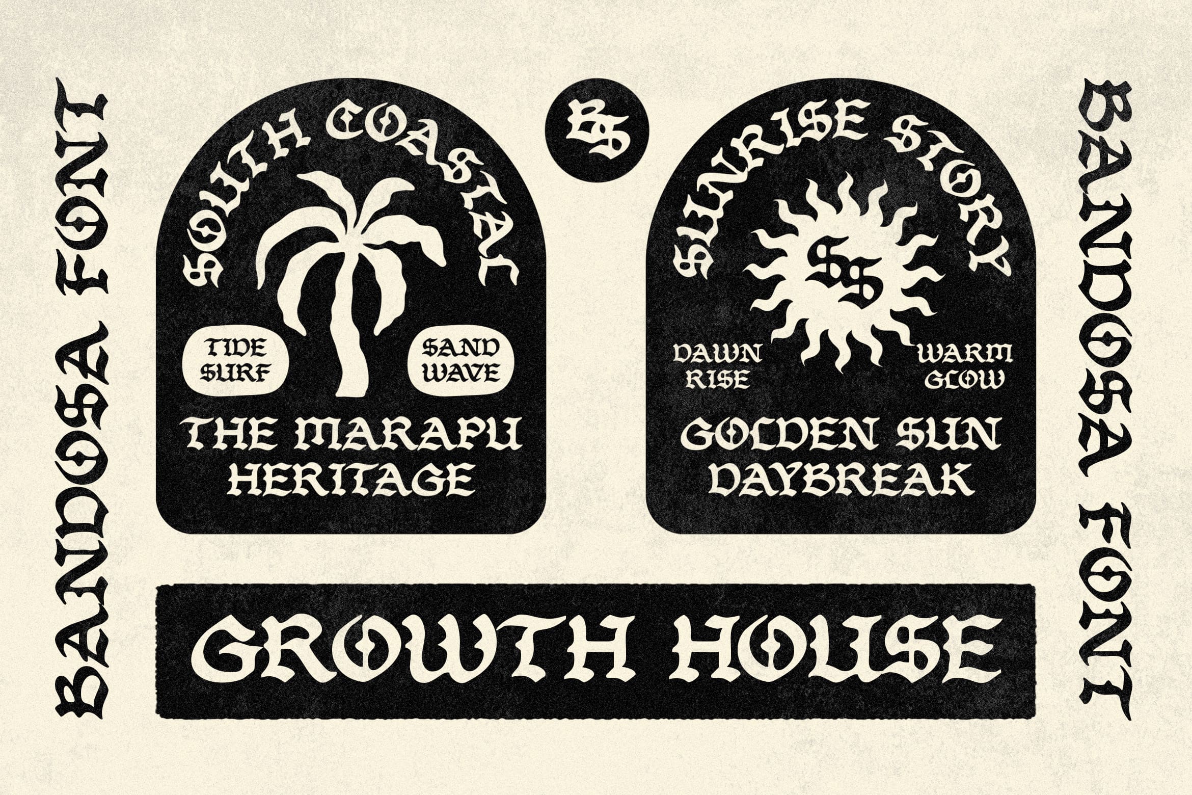 Growth House label pack with palm, sun motifs in gothic lettering on cream background