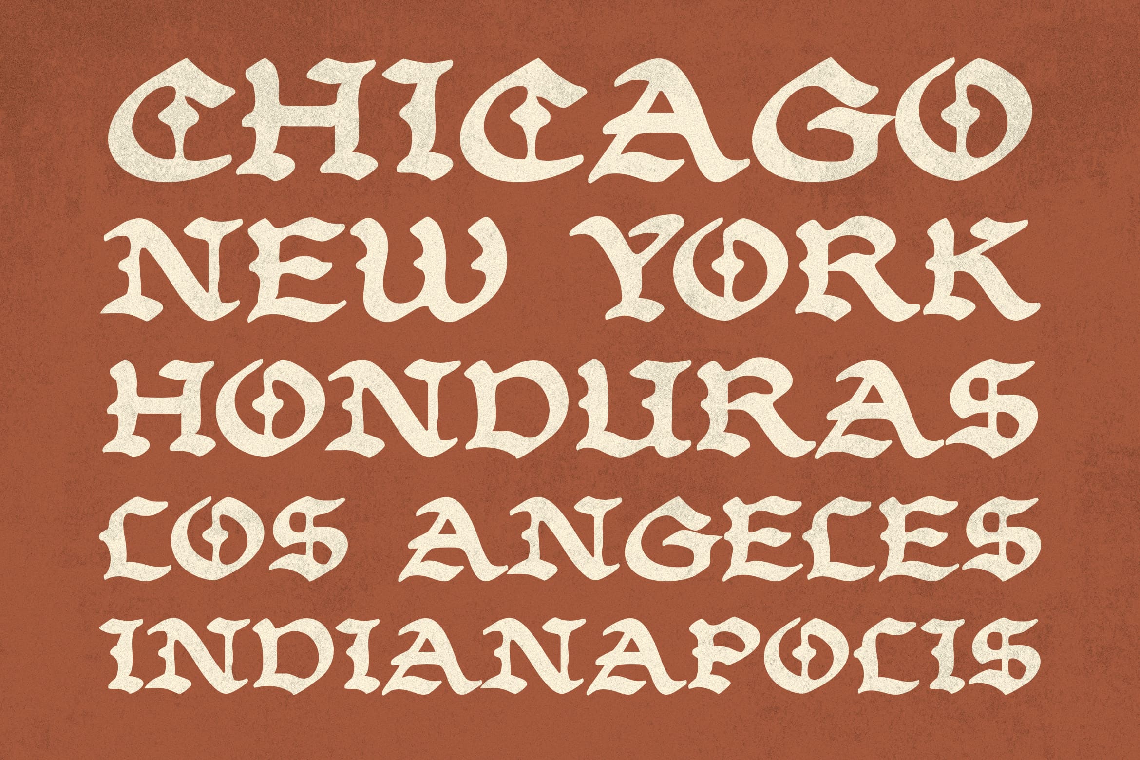 Vintage serif font stacked with city names on warm rust background texture