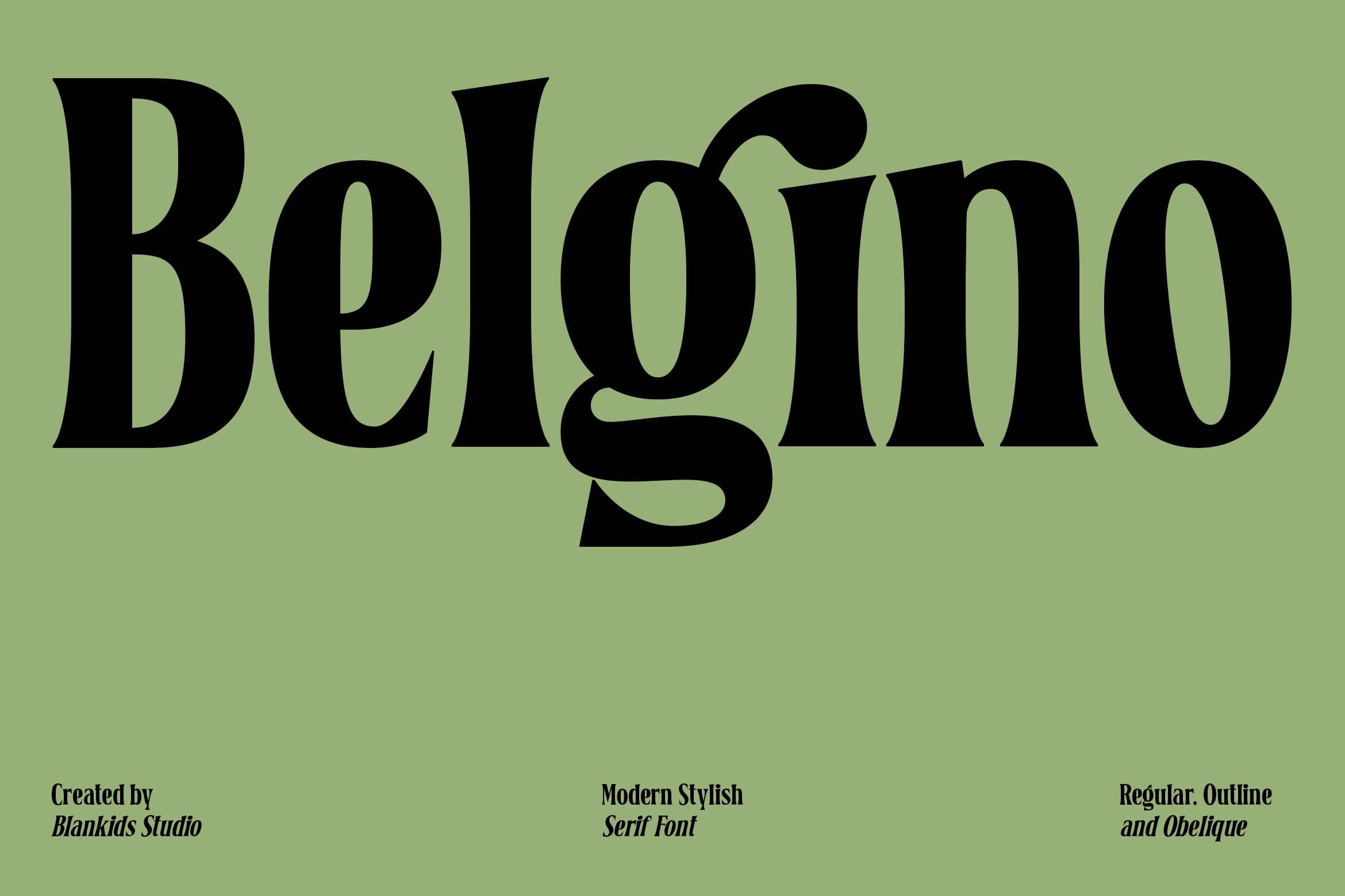 Belgino serif font displayed in black on sage green background with regular, outline, plus oblique styles