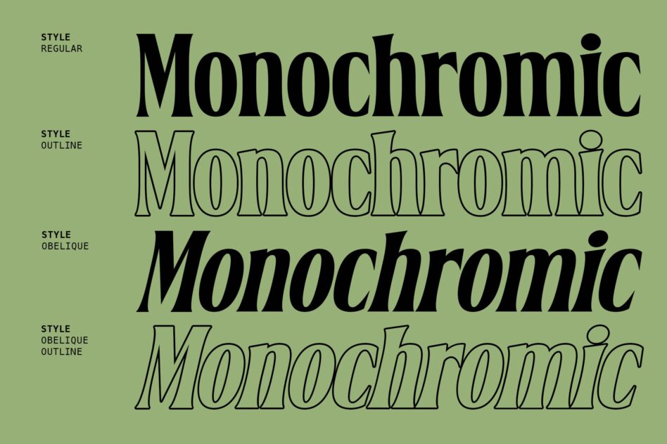 Monochromic serif font family showing regular, outline, obelique variants on sage green background