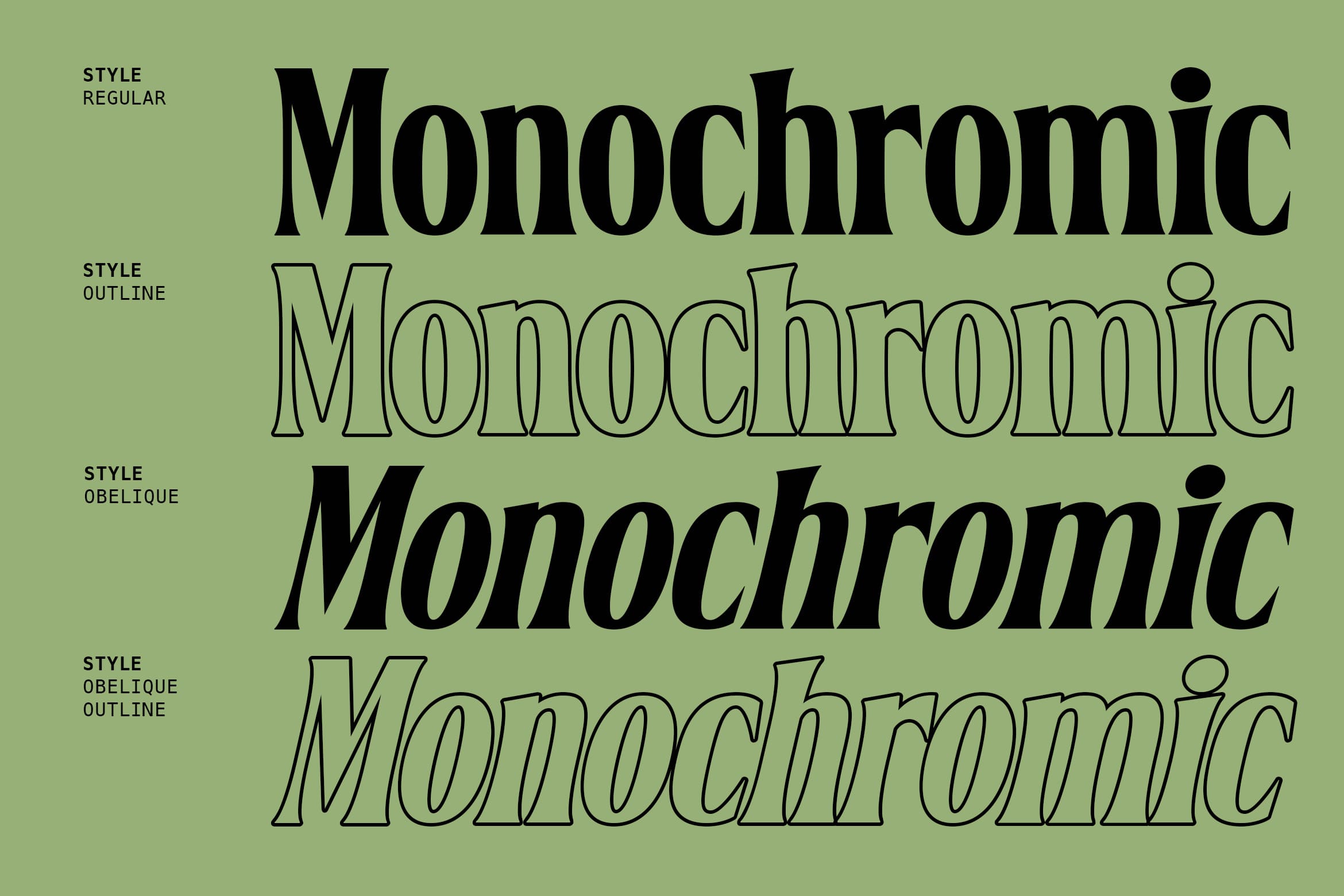 Monochromic serif font family showing regular, outline, obelique variants on sage green background