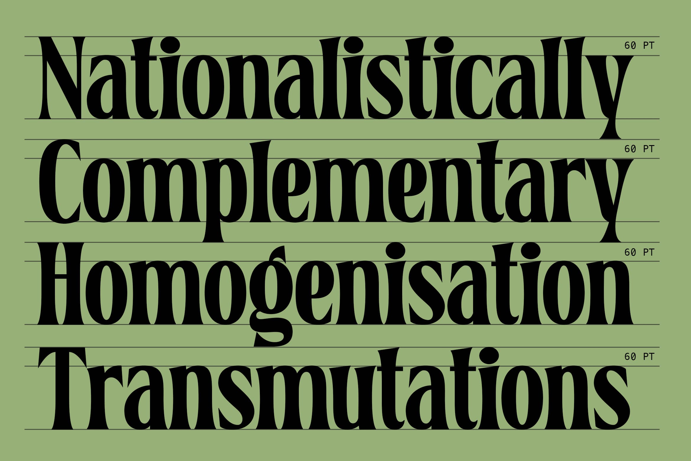Serif font specimen showing four words stacked on sage green with baseline guides