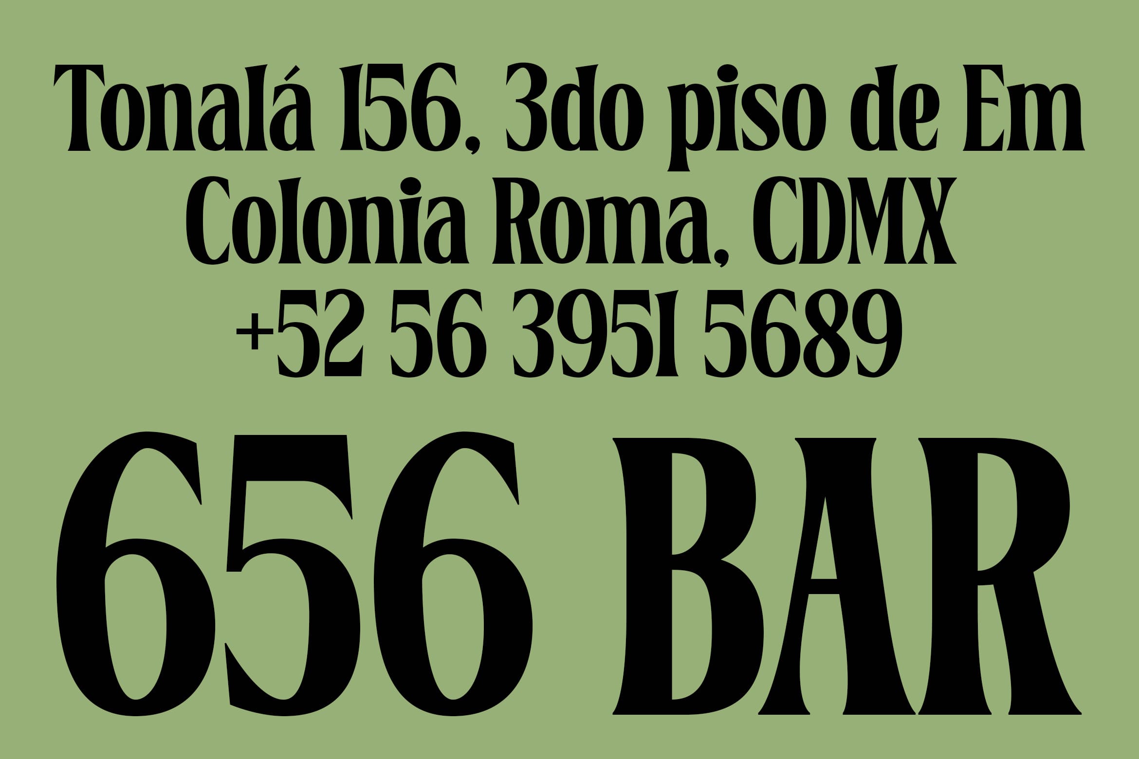 Business card mockup with address, phone number, sage green background, bold serif typography