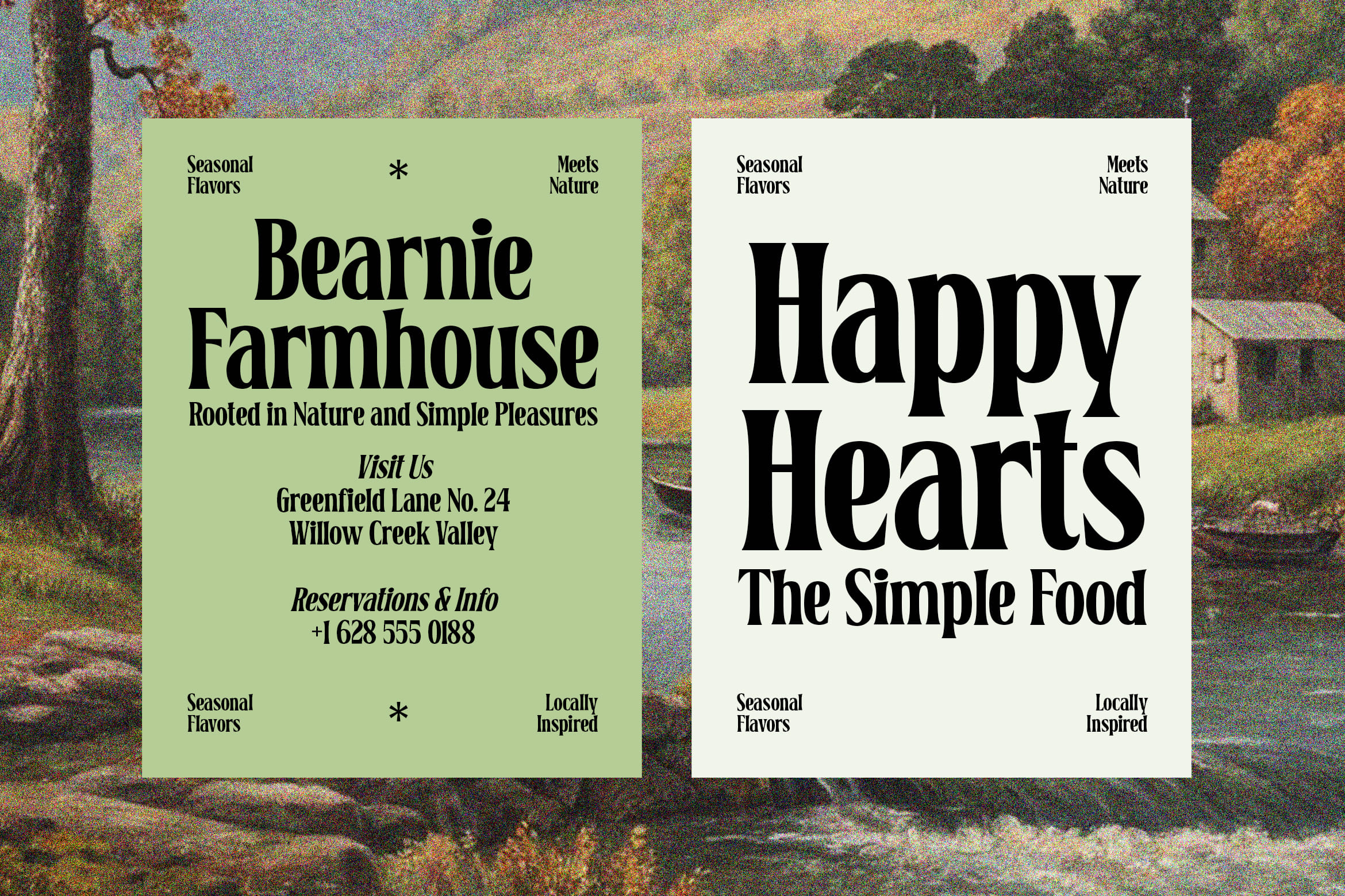 Two restaurant posters with bold serif typography on green cream backgrounds overlaid on vintage farmhouse scenery