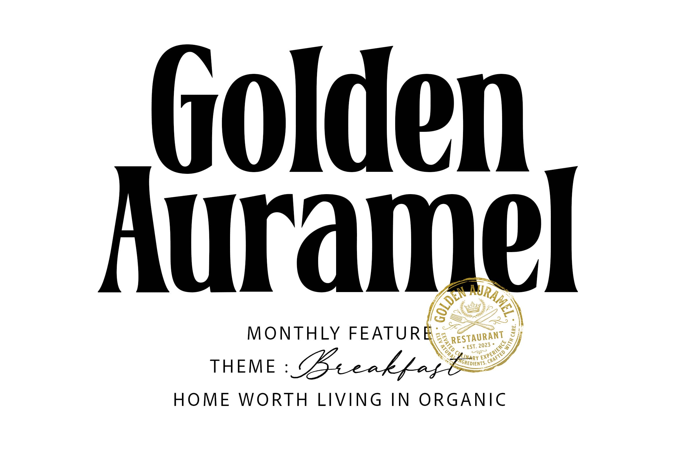 Golden Auramer magazine cover with breakfast theme, gold restaurant badge, organic lifestyle design