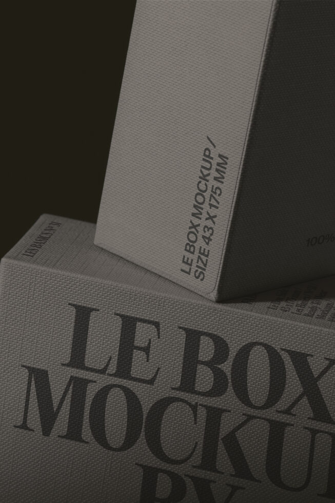 Textured box mockup with embossed branding on kraft packaging, overhead angle shot