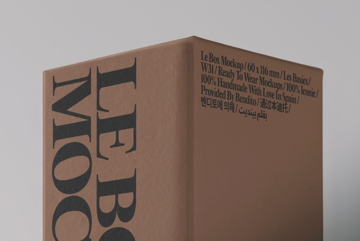Kraft box mockup with vertical black typography on tan cardboard, angled view showing front spine with multilingual text