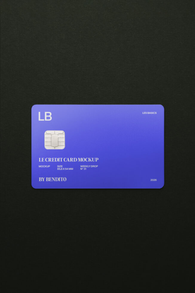 Bright purple credit card mockup with chip, white typography, dark background