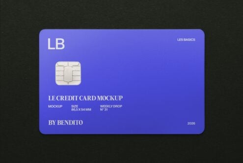 Bright blue credit card mockup with chip, showing Les Basics branding by Bendito