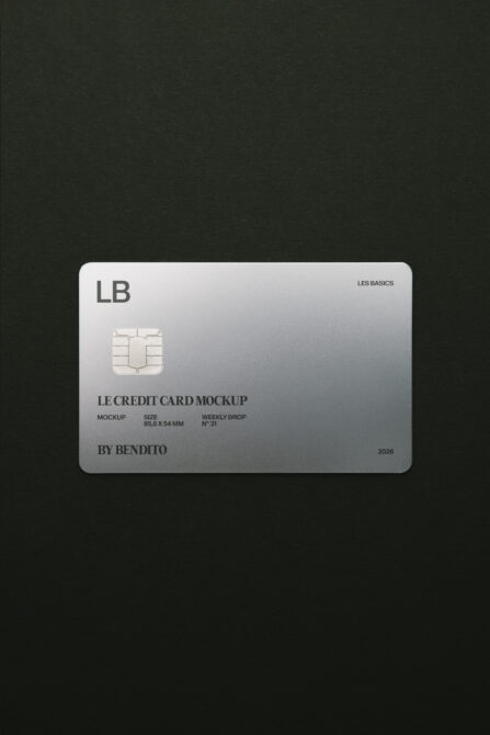 Sleek silver credit card mockup with chip, LB initials, Les Basics branding on dark background
