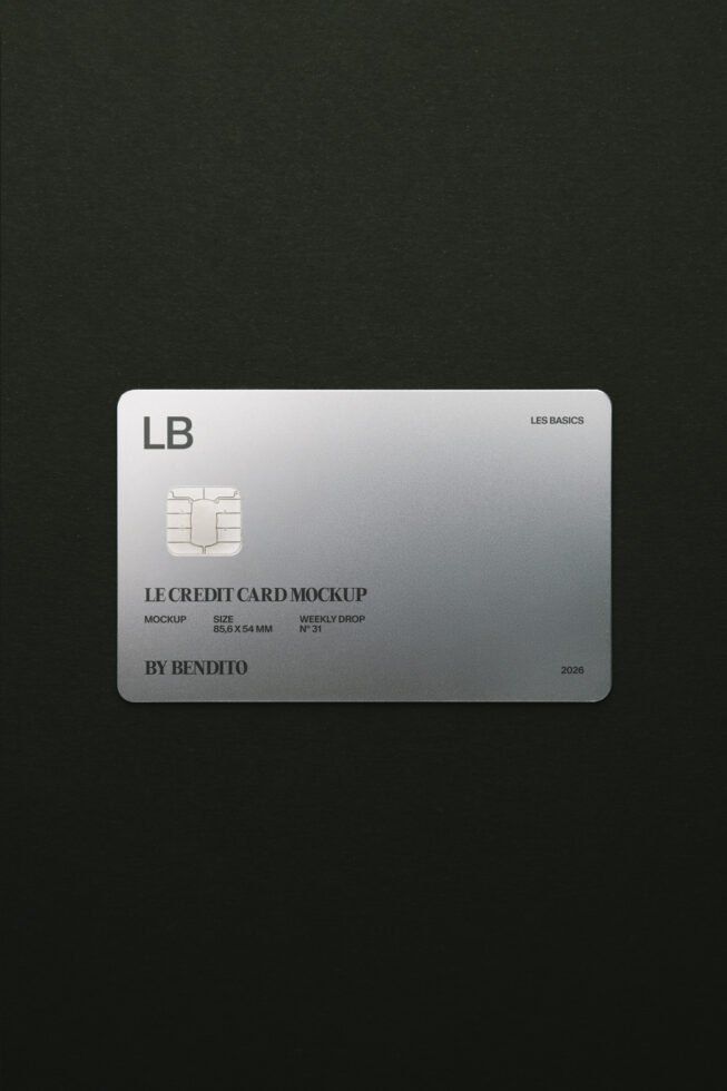 Sleek silver credit card mockup with chip, LB initials, Les Basics branding on dark background