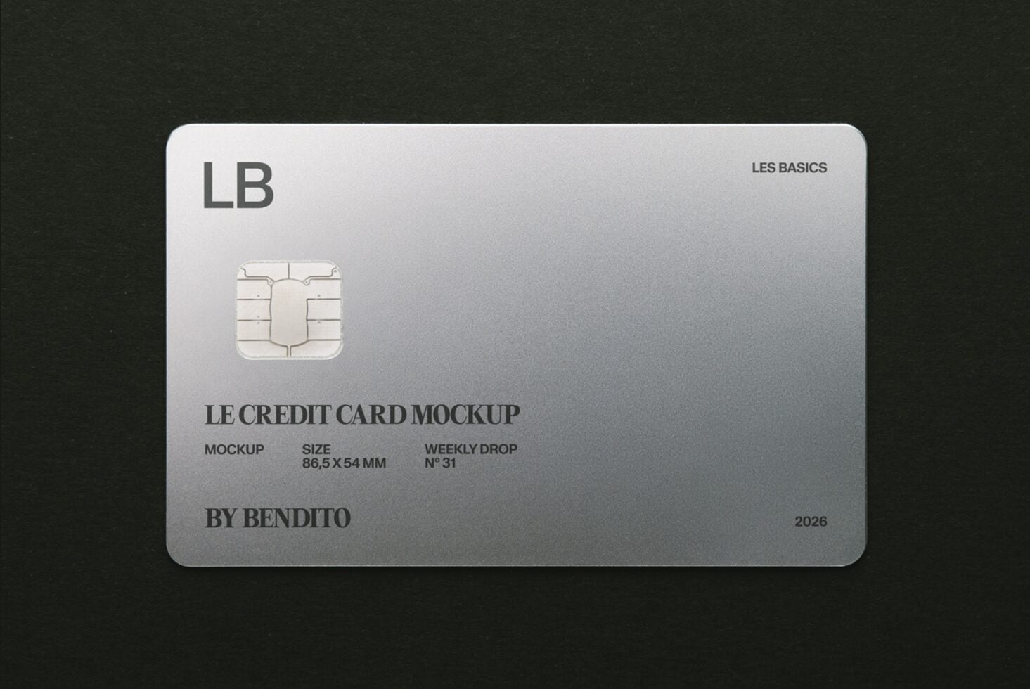 Sleek metallic credit card mockup with chip, LB branding, shot on dark textured background