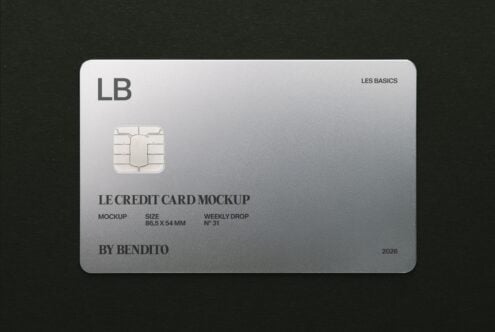 Sleek metallic credit card mockup with chip, LB branding, shot on dark textured background