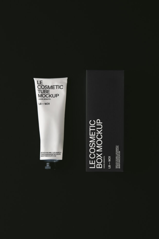 Cosmetic tube with black box packaging mockup on dark background