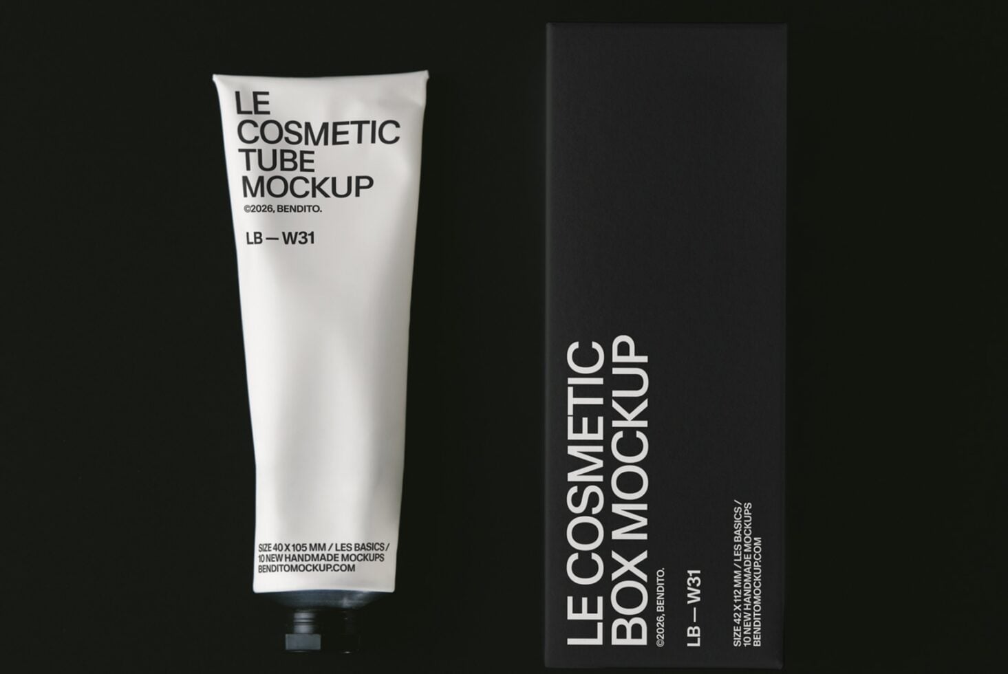 Minimal cosmetic tube mockup with matching black box on dark background