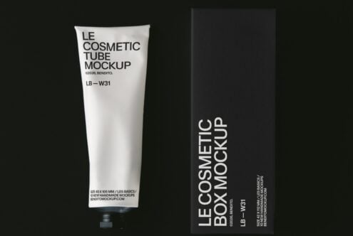 Minimal cosmetic tube mockup with matching black box on dark background
