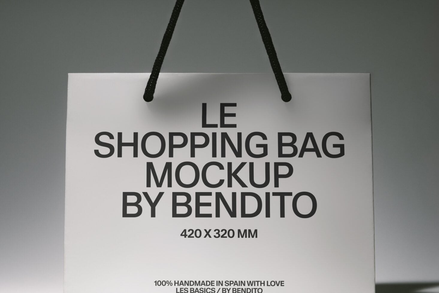 White shopping bag with black rope handles showing product text on neutral background