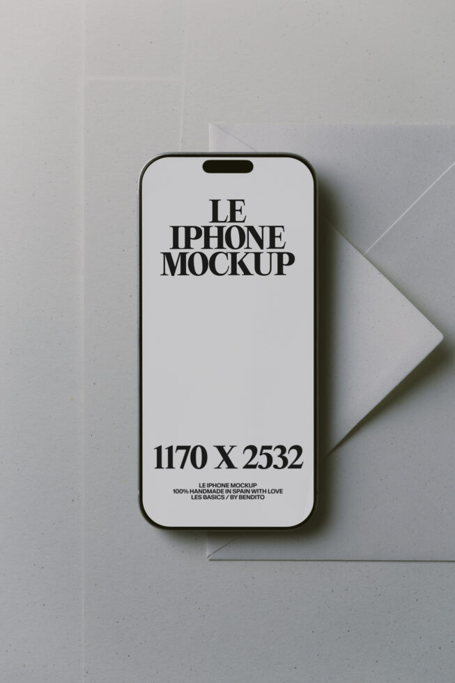 iPhone 14 Pro mockup flat lay with white papers on minimal gray background