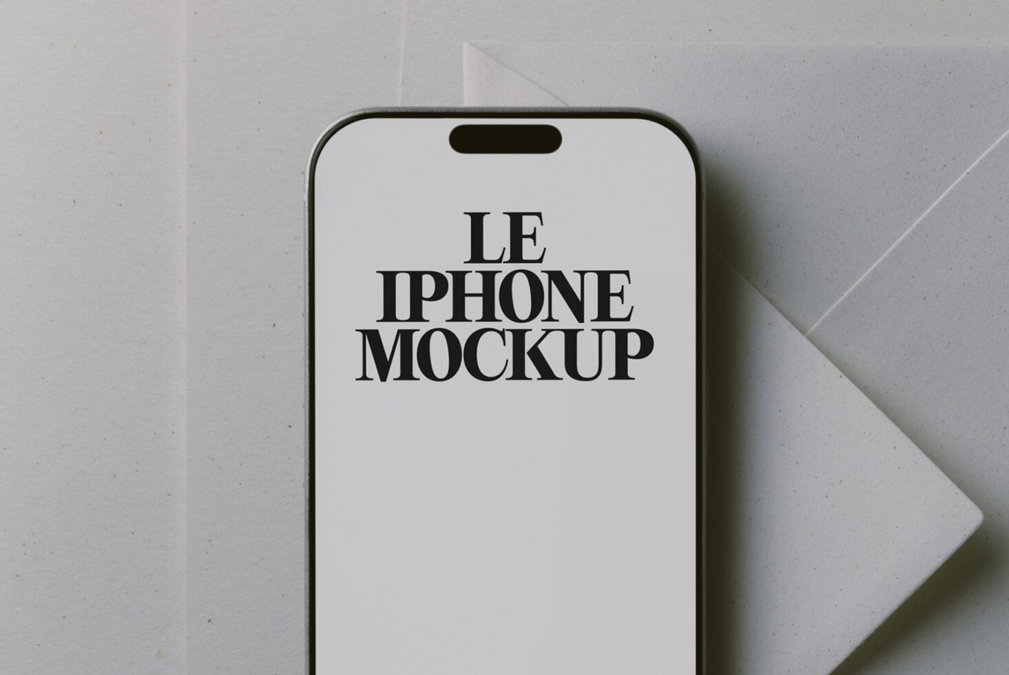 iPhone 14 Pro mockup with serif typography on clean white screen, minimal aesthetic setup