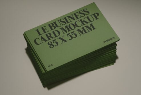 Stack of olive green business cards with typography mockup, 85 x 55mm