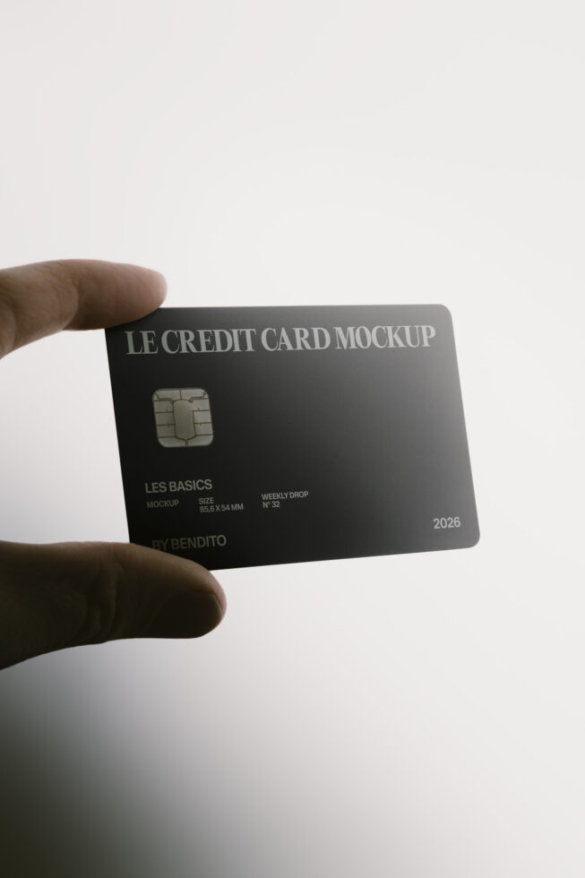 Hand holding black credit card mockup with chip, text details, expiration date