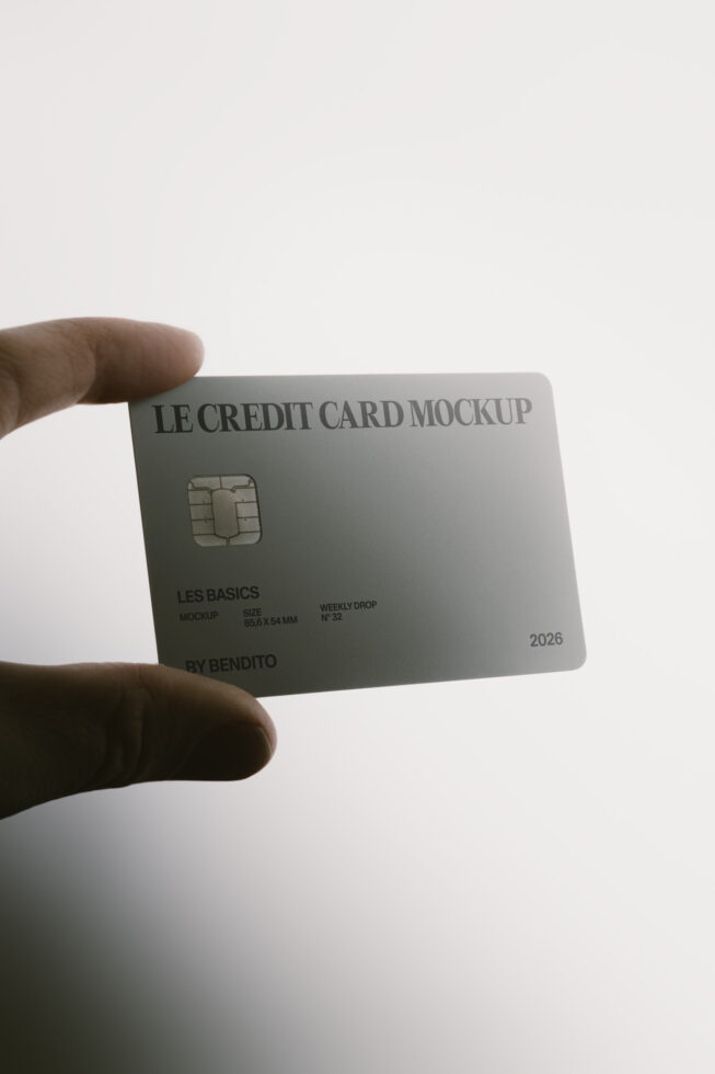 Hand holding metallic credit card mockup with chip detail, text, expiration date visible