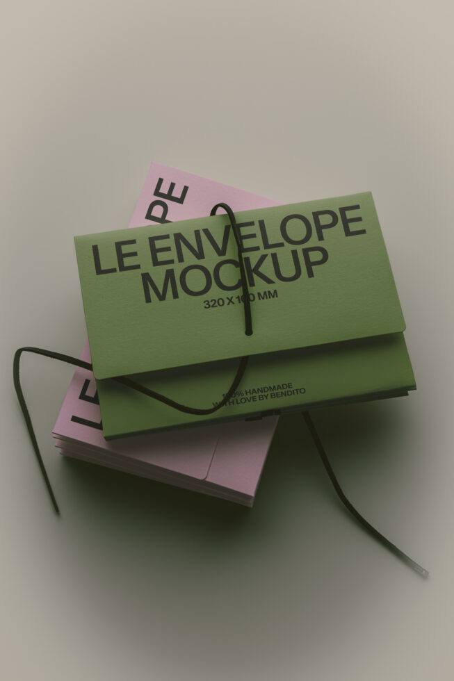 Stacked green, pink envelopes with black string handles, 320x160mm mockup shot