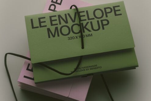 Stacked green, pink envelopes with black string closures, handmade branding text visible