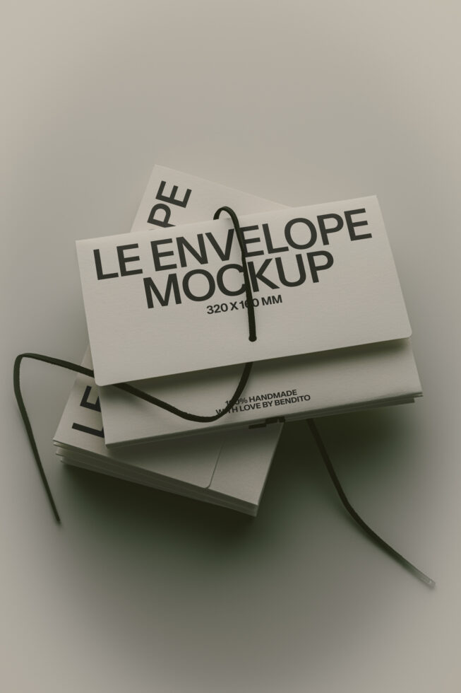 Stacked white envelopes with black twine showing mockup template for 320x160mm designs